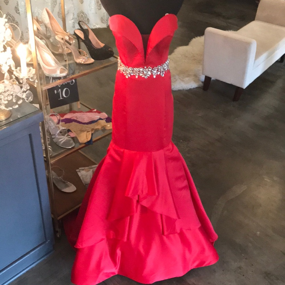 Rachel Allan Red Mermaid Prom Pageant Gown